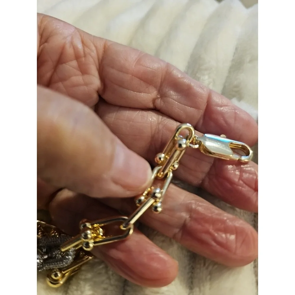 Horse Bit Chunky‎ Gold Tone Bracelet With Cubic Zirconia Links